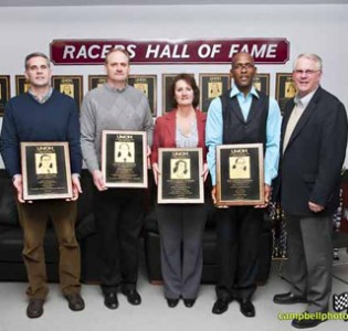 Dan Troyer, Dave Apthorpe, Mary (Illig) Weber and Franklin Harris, from left to right, joined by former coach Art Loescher