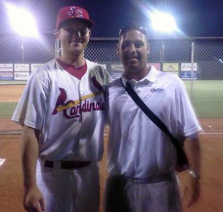 UNOH baseball coach Kory Hartman stands with Racers product Zach Petrick after his professional debut Wednesday