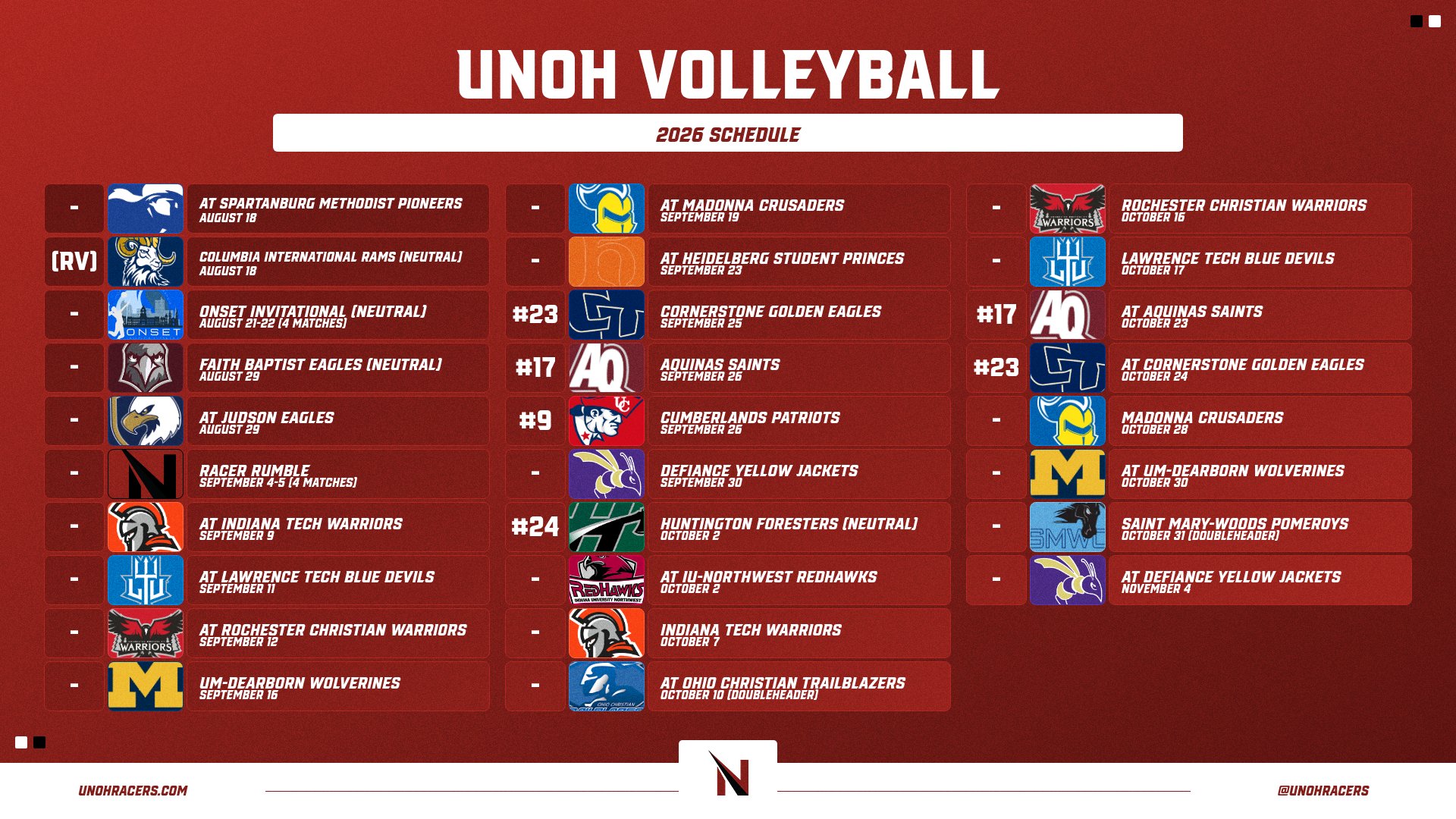 UNOH Volleyball Announces 2026 Schedule